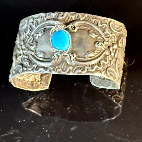 Antique Sterling Silver Cuff Bracelet Sleeping Beauty Turquoise 925 Victorian - Picture 6 of 12